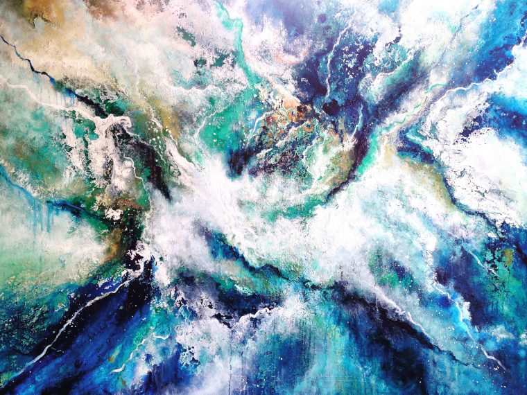 "Where Dreams Are Made"
48"x 60"
Acrylic and mixed media on canvas
Paint mixed with ocean water
Aptos, CA
2016 copyright
This is the Community Collective canvas from my Art Alchemy classes where over 100 students painted on the same canvas, and I added my water magic at the end. This painting is currently showing in its new home at Lincoln Center's management office in Stockton, CA.